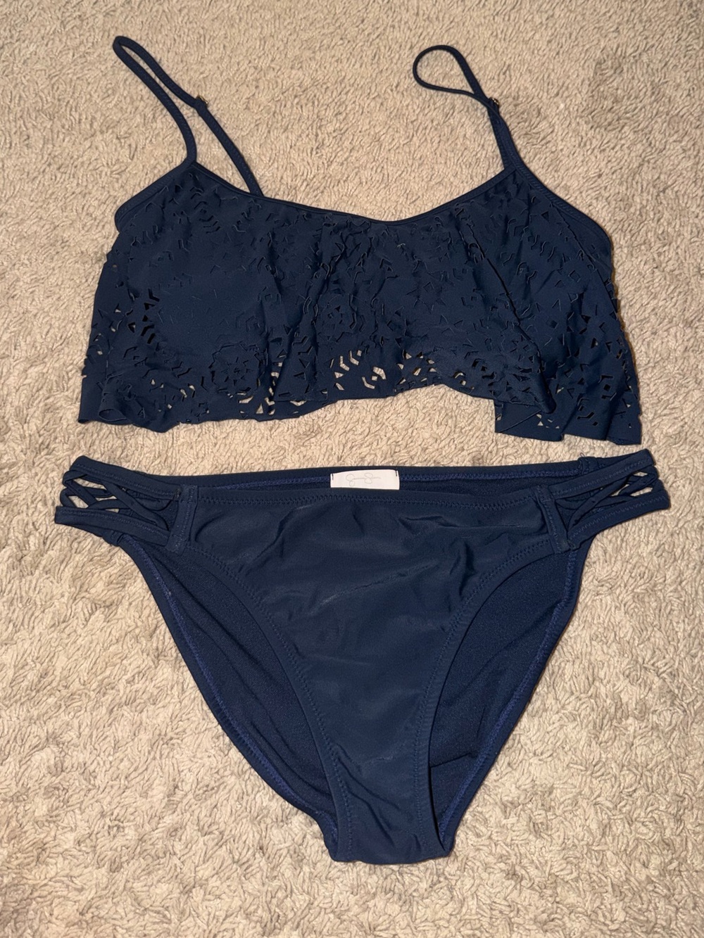 Jessica Simpson Navy Laser-Cut Bikini Top and Bottom Set